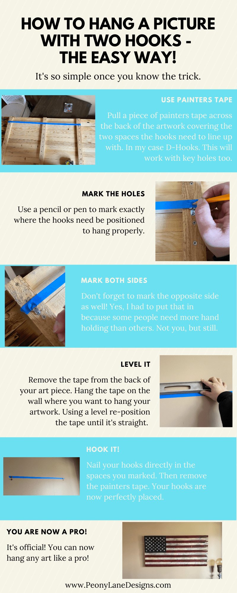 How to Hang a Picture with Two Hooks // Hang a Picture with Two Hooks // easy picture hanging ideas // picture hanging hack // hanging picture hacks // how to hang heavy picture // tricks to hanging pictures // picture hanging tips